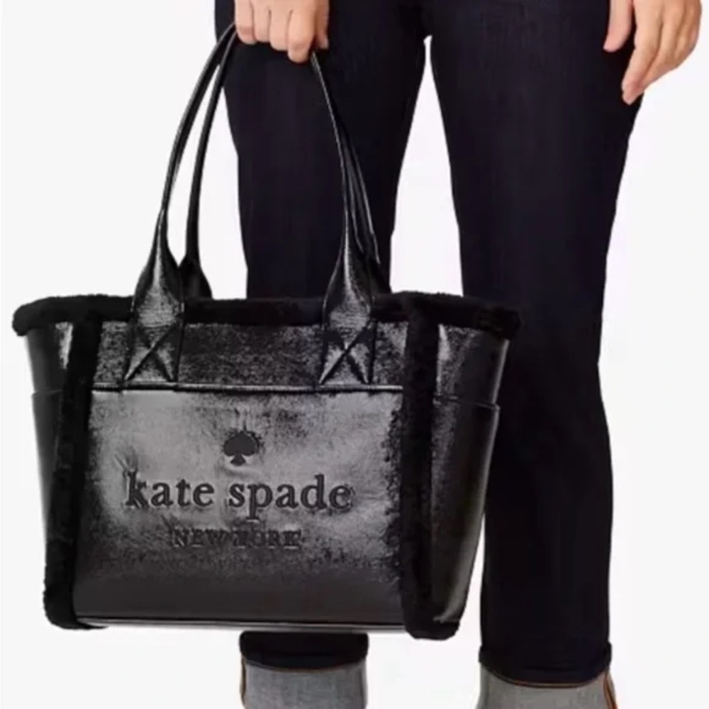 Kate Spade NWT New York Jett Faux Shearling Tote Large Black Patent Leather - Picture 2 of 5